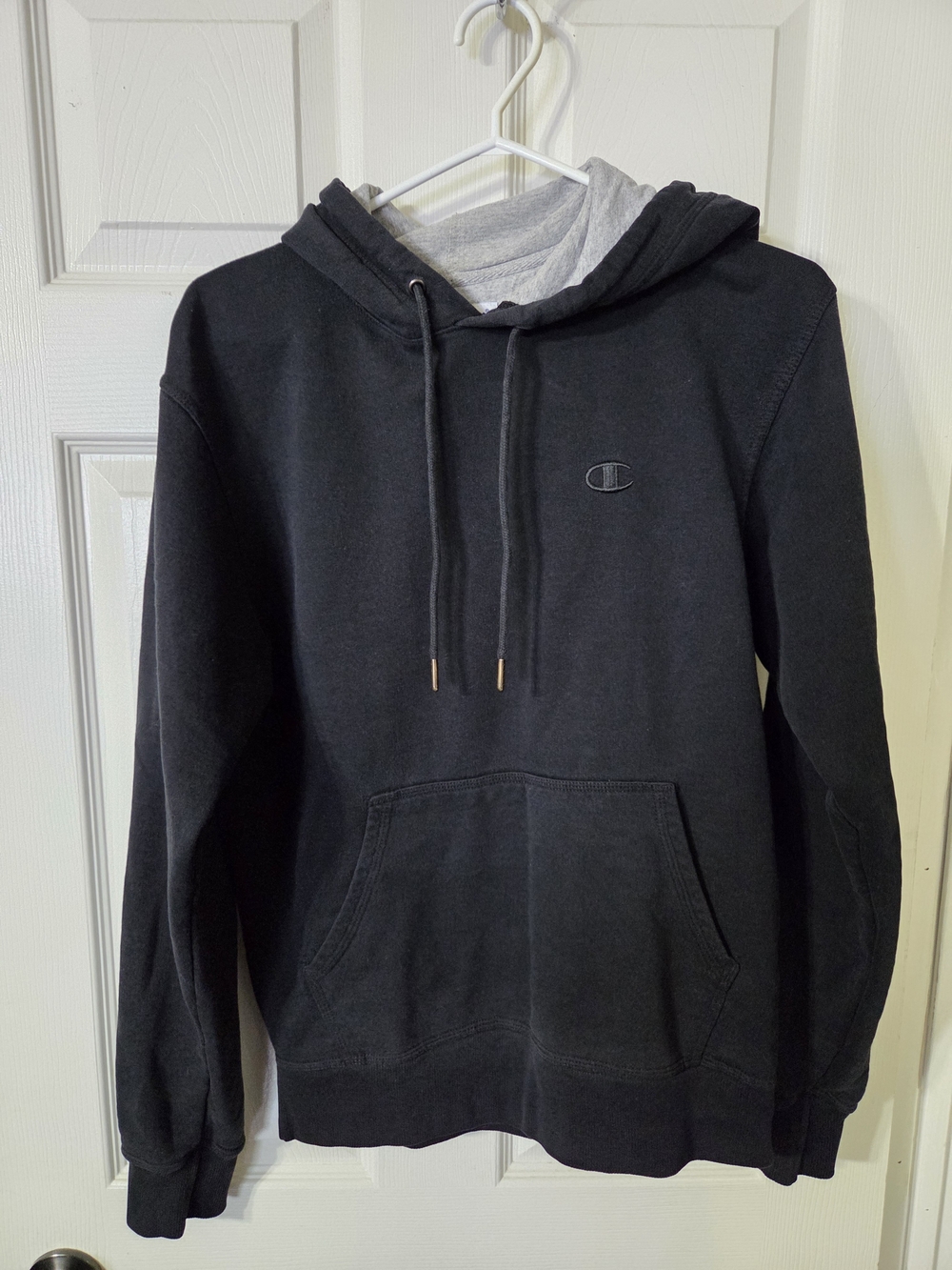 Champion Women's Black Crewneck Hoodie with Light Gray Hood Lining